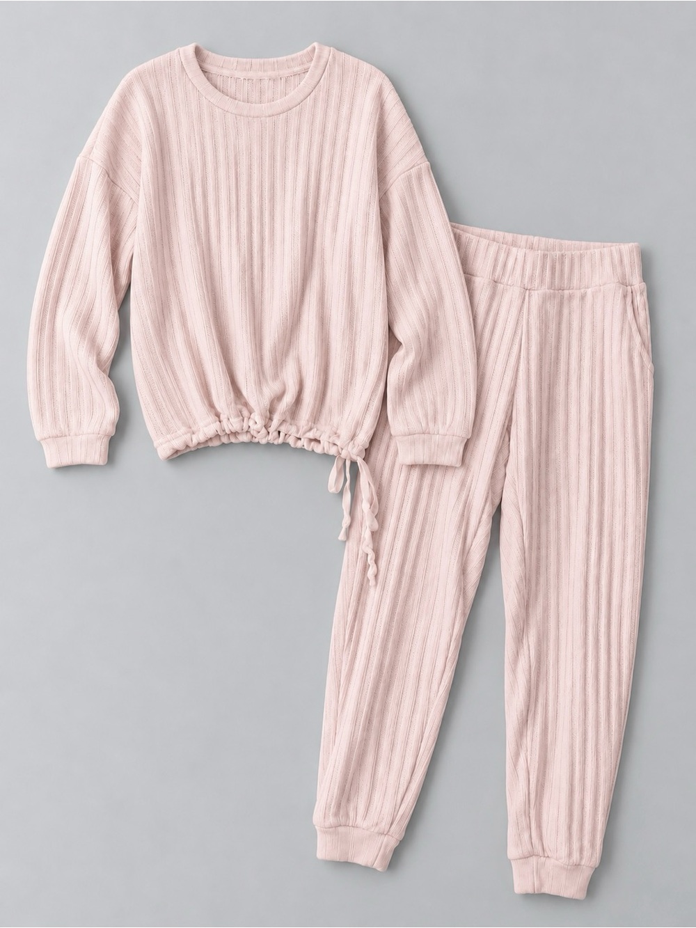 La Vie En Rose Ribbed Drawstring Pajama Set - Light Pink